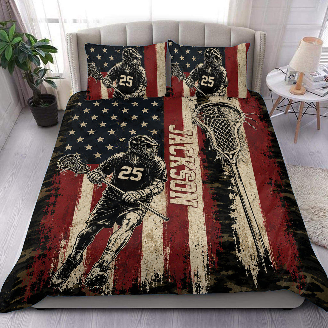 Lacrosse duvet cover set featuring helmeted players, lacrosse sticks, stars, and distressed red, cream, and navy artwork