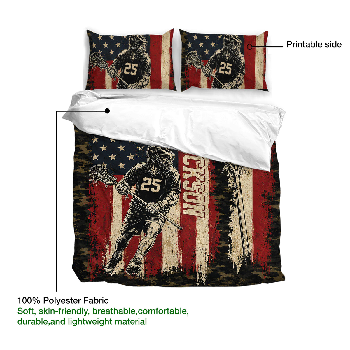 Lacrosse duvet cover with matching pillowcases, printable artwork, and a soft polyester fabric construction