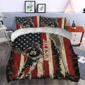 Lacrosse duvet cover bedding set styled in a bedroom with vintage red, navy, cream, and star details