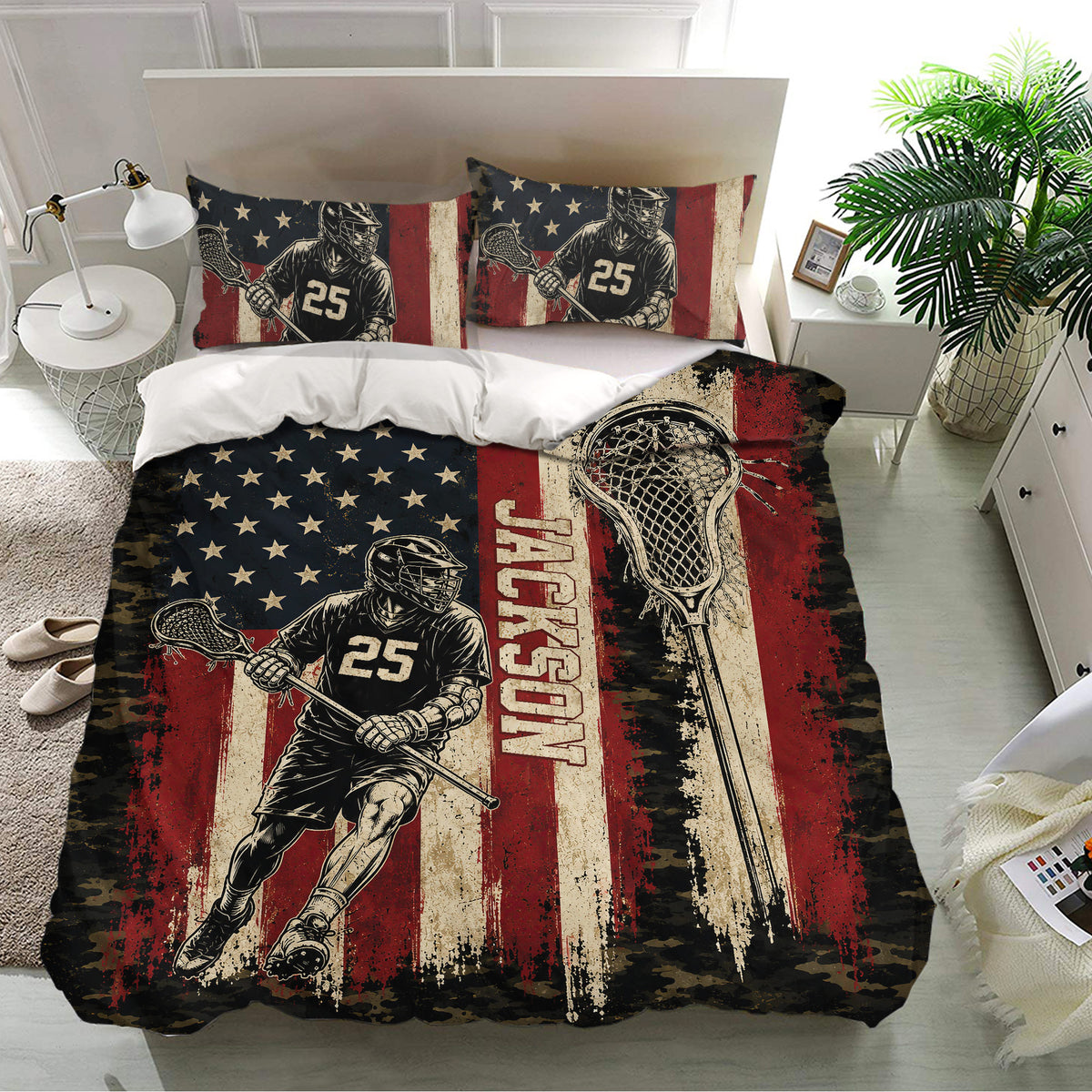 Lacrosse bedding set shown on a bedroom with matching player pillowcases and bold patriotic-inspired sports artwork
