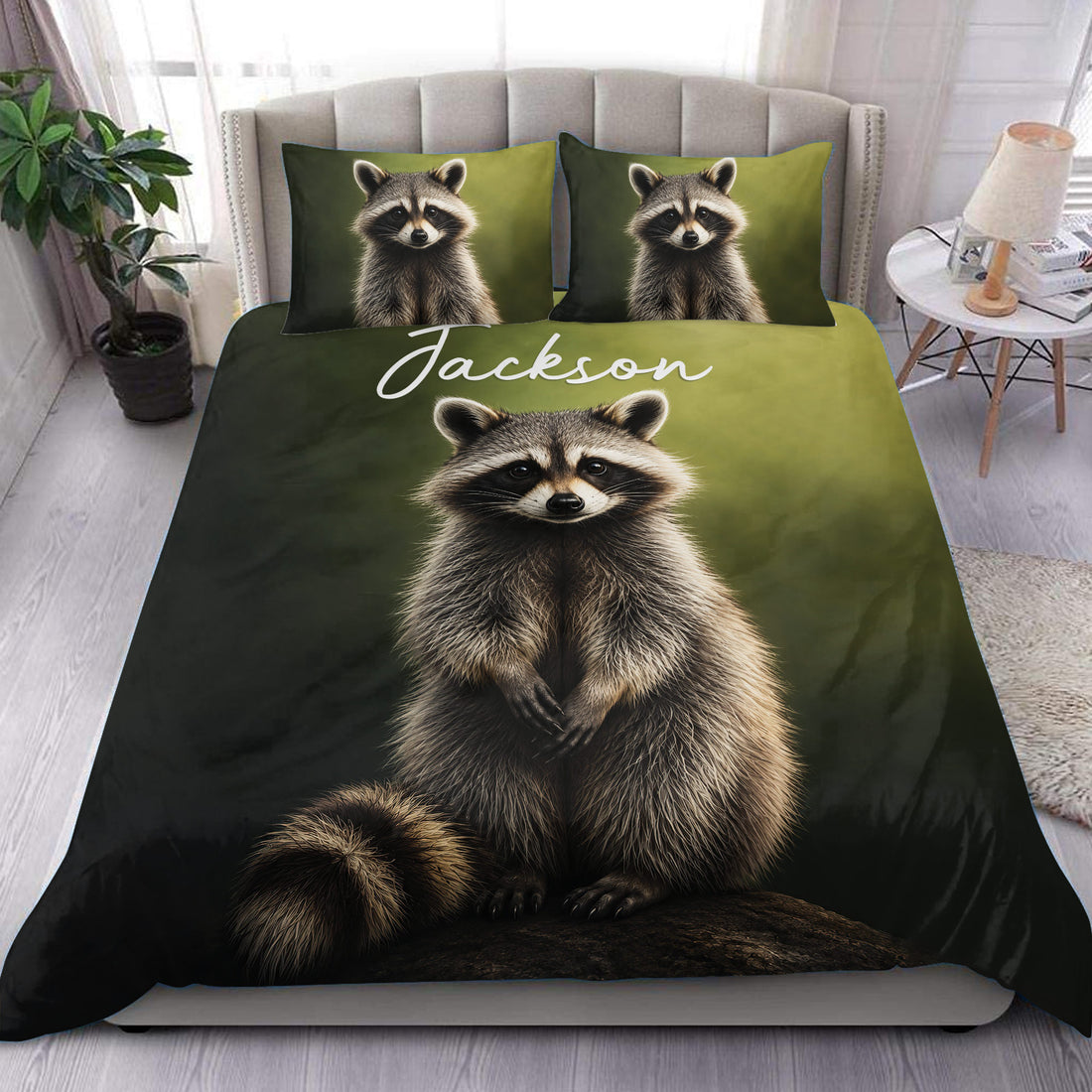 Raccoon duvet cover set displayed on a bed with realistic raccoon artwork in dark green and black tones