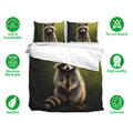 Raccoon bedding set shown with matching pillowcases and feature icons for breathable, washable, colorful fabric