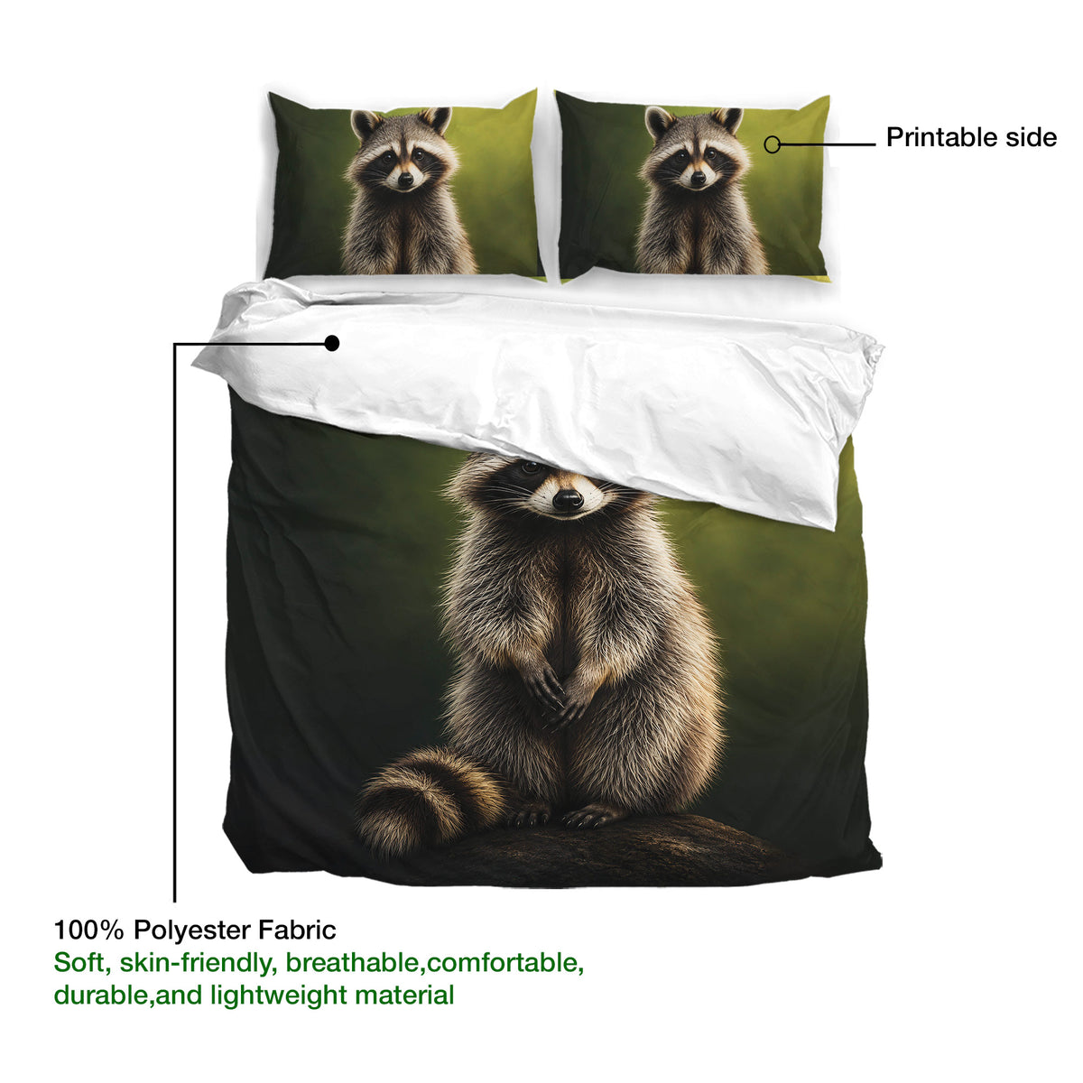 Raccoon duvet cover bedding set detail showing the printed side and soft polyester fabric information