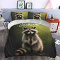 Raccoon duvet cover styled in a modern bedroom with realistic woodland animal artwork and green accents