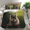 Raccoon bedding set presented in a bright bedroom with matching pillowcases and bold wildlife artwork