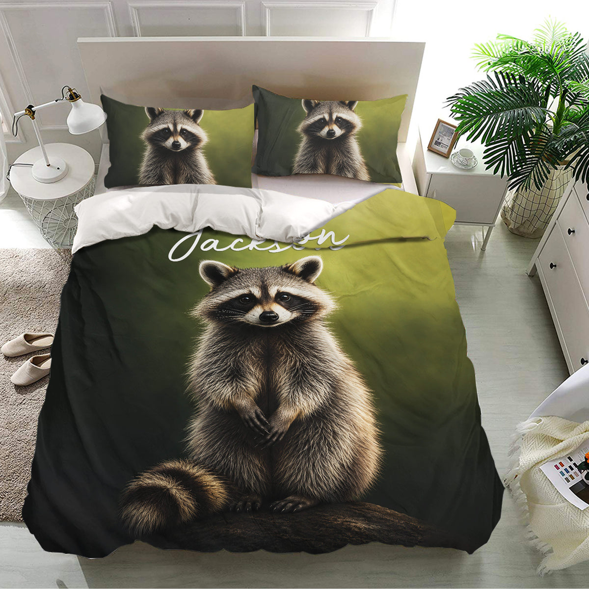 Raccoon bedding set presented in a bright bedroom with matching pillowcases and bold wildlife artwork