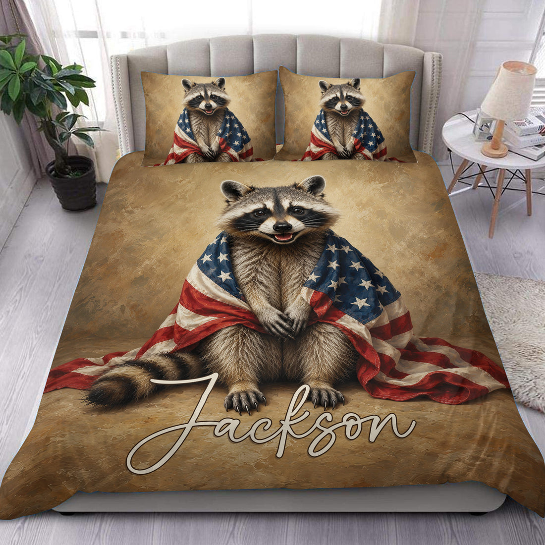 Raccoon duvet cover bedding set displayed on a bed with patriotic blue, red, and white artwork