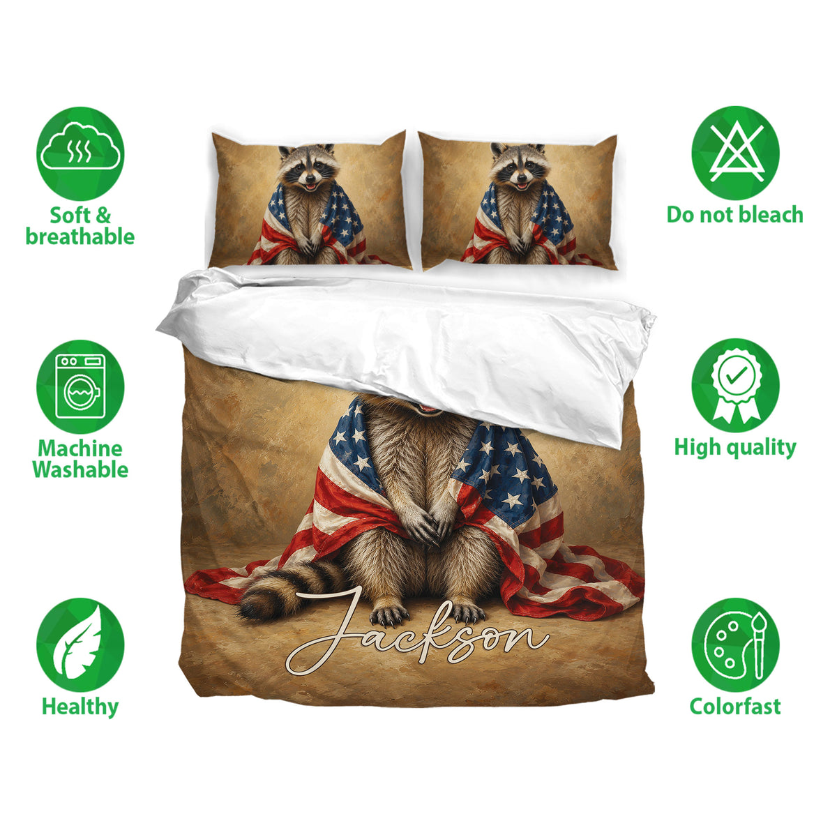 Raccoon bedding set shown with matching pillowcases and soft breathable fabric care features