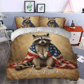 Raccoon duvet cover bedding set styled in a bedroom with wildlife-inspired artwork