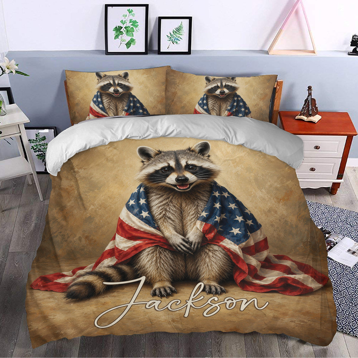 Raccoon duvet cover bedding set styled in a bedroom with wildlife-inspired artwork