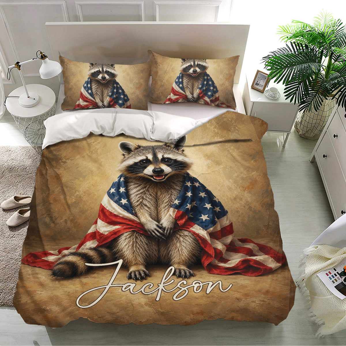 Raccoon bedding set presented in a bright bedroom with matching wildlife artwork on the pillows