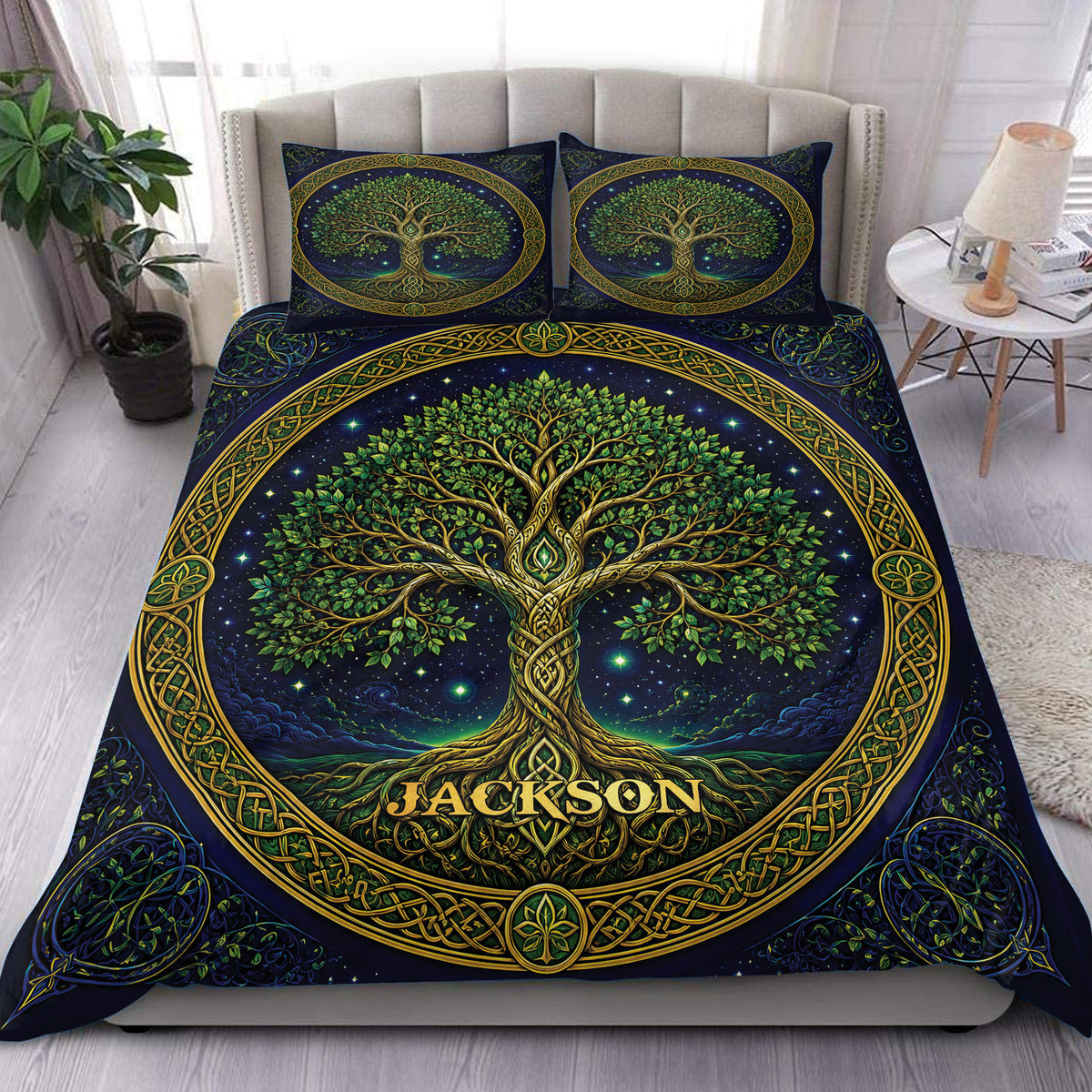 Tree Of Life duvet cover set displayed on a bed with a navy celestial background and gold Celtic border