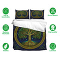 Tree Of Life bedding set shown with matching pillowcases and soft breathable fabric feature icons