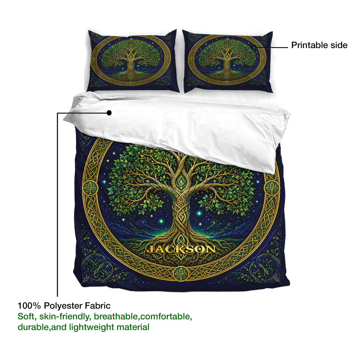 Tree Of Life duvet cover bedding set showing printable design, polyester fabric, and detailed Celtic border