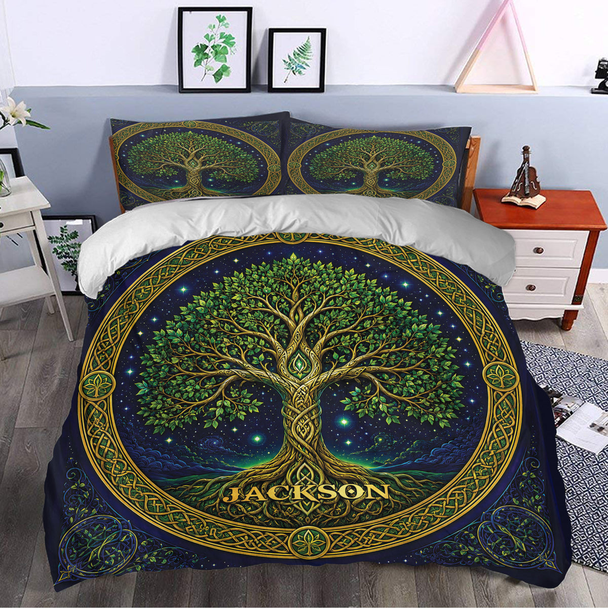 Tree Of Life duvet cover styled in a bedroom with leafy branches, golden roots, and deep navy artwork