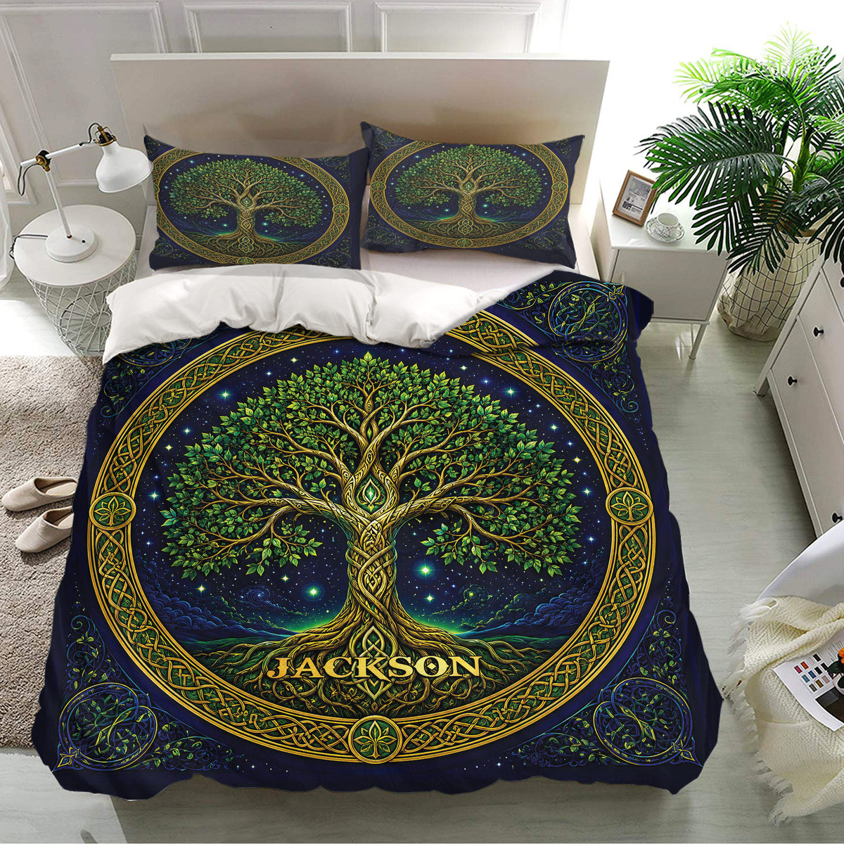 Tree Of Life bedding set presented in a bright bedroom with matching pillowcases and ornate botanical artwork