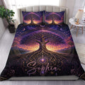 Tree Of Life duvet cover set displayed on a bed with purple cosmic artwork and sunset landscape