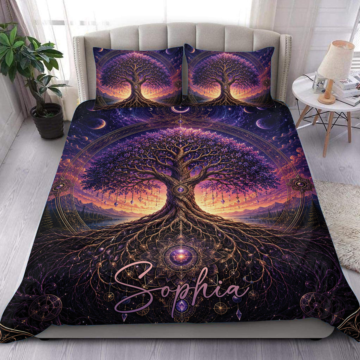 Tree Of Life duvet cover set displayed on a bed with purple cosmic artwork and sunset landscape