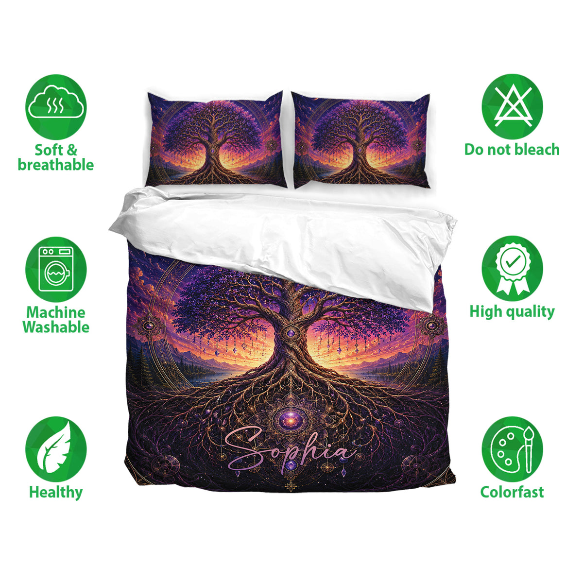 Tree Of Life bedding set with matching pillows, vivid purple artwork, and soft breathable fabric features