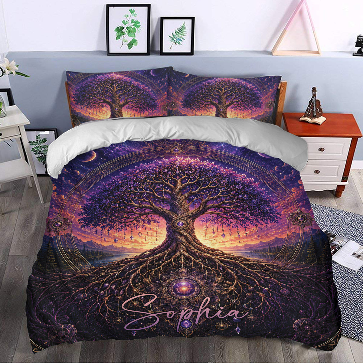 Tree Of Life duvet cover styled in a bedroom with mystical purple artwork and ornate celestial details