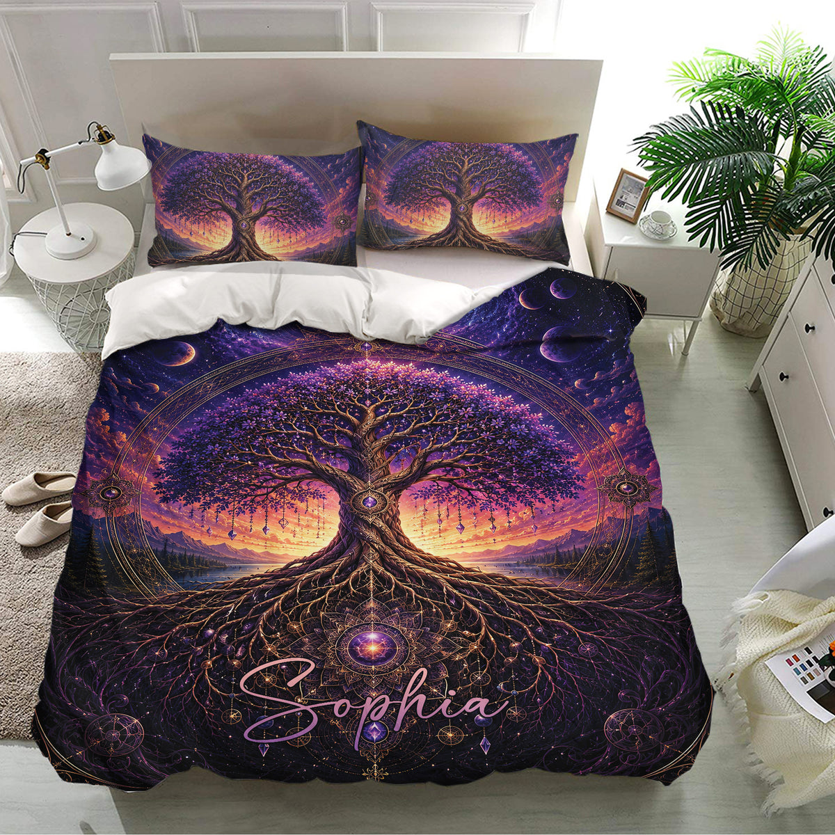 Tree Of Life bedding set in a bright bedroom with matching pillowcases and colorful cosmic artwork
