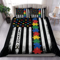 Autism duvet cover set with colorful puzzle pieces, black and white stripes, and matching bedroom pillows