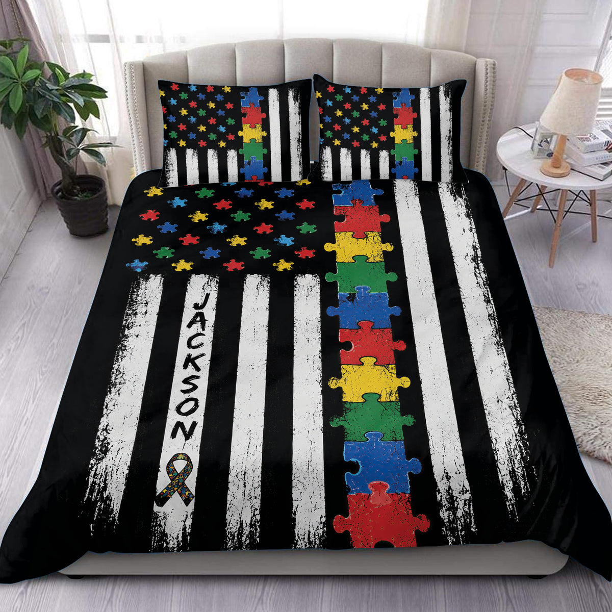 Autism duvet cover set with colorful puzzle pieces, black and white stripes, and matching bedroom pillows
