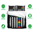 Autism bedding set displayed with colorful puzzle pieces, striped design, and matching pillows