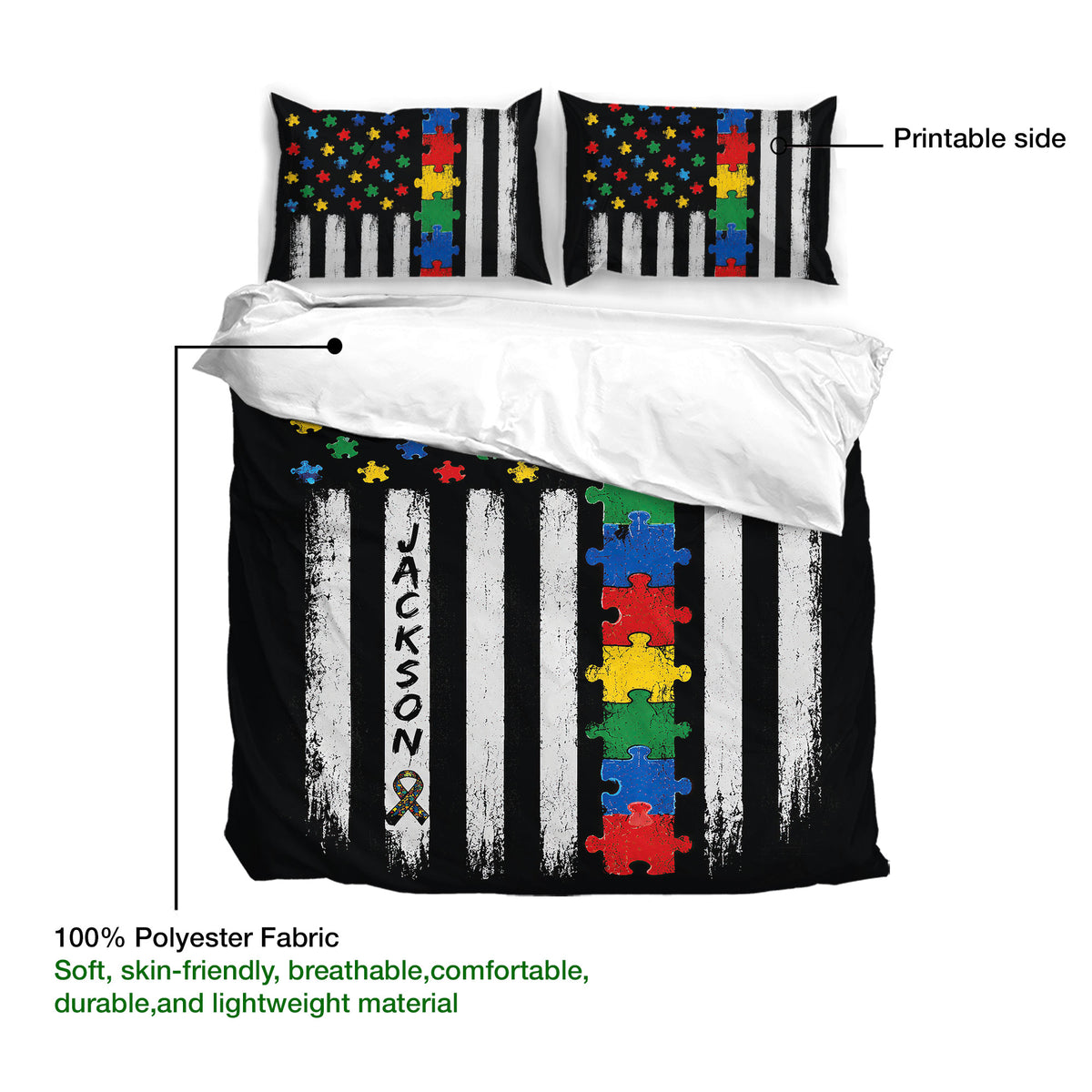 Autism duvet cover bedding set showing colorful puzzle pieces, striped artwork, and printable fabric