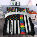 Autism bedroom decor with colorful puzzle piece duvet cover and matching pillows in a modern room
