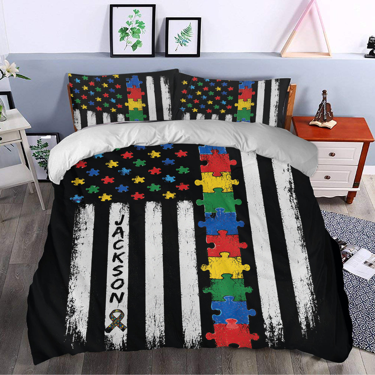 Autism bedroom decor with colorful puzzle piece duvet cover and matching pillows in a modern room