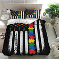 Autism duvet cover set styled in a bright bedroom with colorful puzzle pieces and black striped artwork