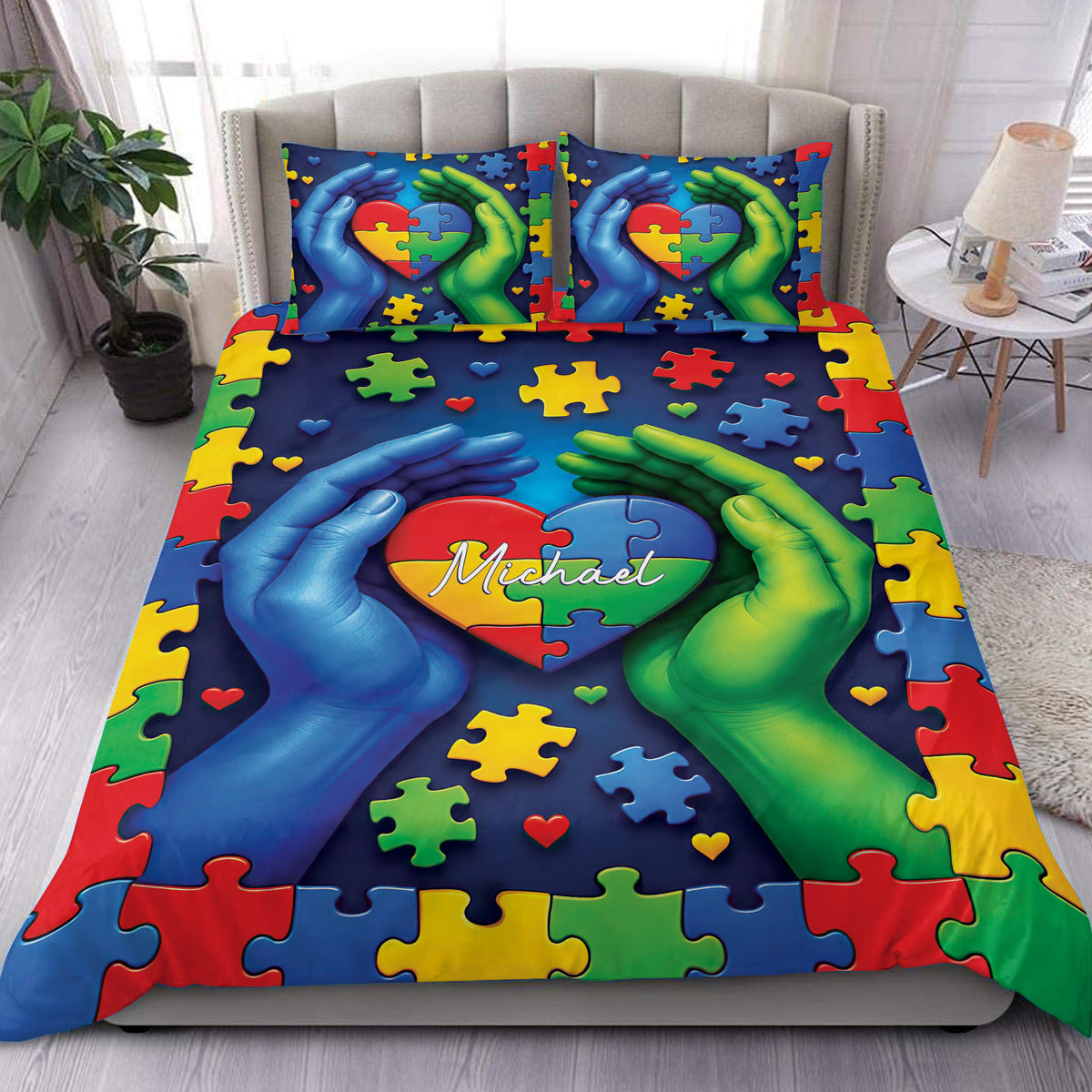Autism duvet cover set with colorful puzzle pieces, heart design, and blue and green hands on a bedroom