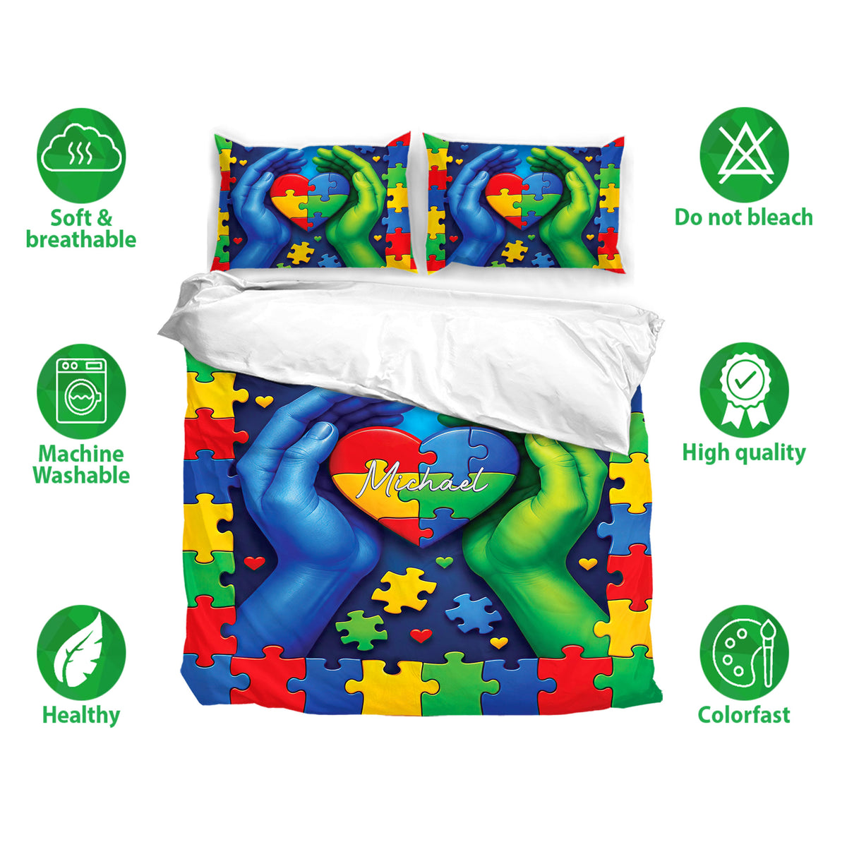 Autism bedding set displayed with colorful puzzle hearts, matching pillowcases, and soft breathable fabric icons
