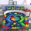 Autism duvet cover bedding set styled in a bedroom with colorful puzzle pieces, hearts, and supportive hands