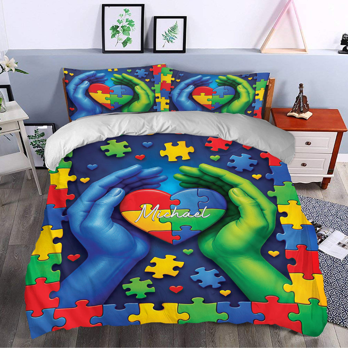 Autism duvet cover bedding set styled in a bedroom with colorful puzzle pieces, hearts, and supportive hands