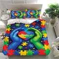 Colorful autism bedding set with puzzle piece borders, heart artwork, matching pillowcases, and bedroom decor