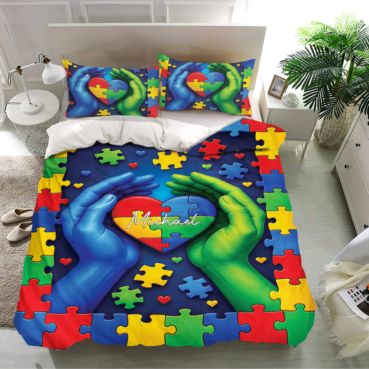 Colorful autism bedding set with puzzle piece borders, heart artwork, matching pillowcases, and bedroom decor