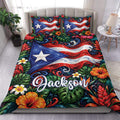 Puerto Rico duvet cover set displayed on a bed with tropical flowers, lush leaves, and bold red, white, and blue flag artwork