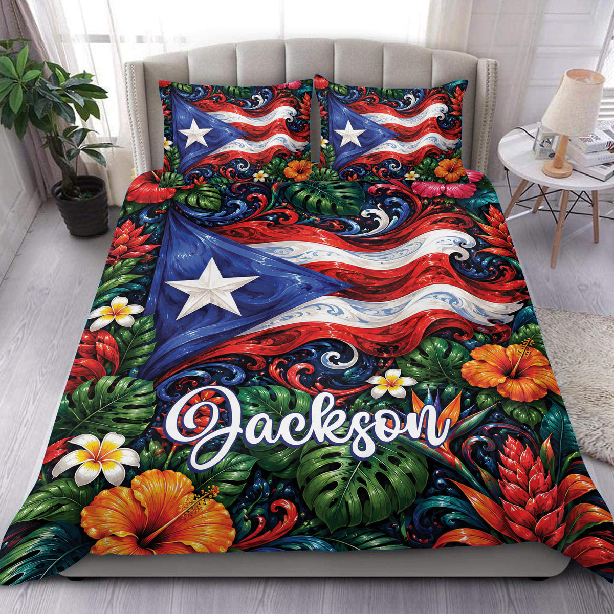 Puerto Rico duvet cover set displayed on a bed with tropical flowers, lush leaves, and bold red, white, and blue flag artwork