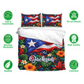 Puerto Rico bedding set with tropical flag artwork, matching pillowcases, vibrant flowers, and leafy island-inspired details