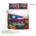 Puerto Rico duvet cover showing the colorful printed side, tropical foliage, floral accents, and bold island flag design
