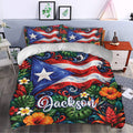 Puerto Rico duvet cover bedding set styled in a bright bedroom with tropical flowers, green leaves, and flag-inspired artwork