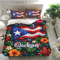 Puerto Rico bedding set in a modern bedroom featuring vibrant tropical foliage, hibiscus flowers, and red, white, and blue artwork