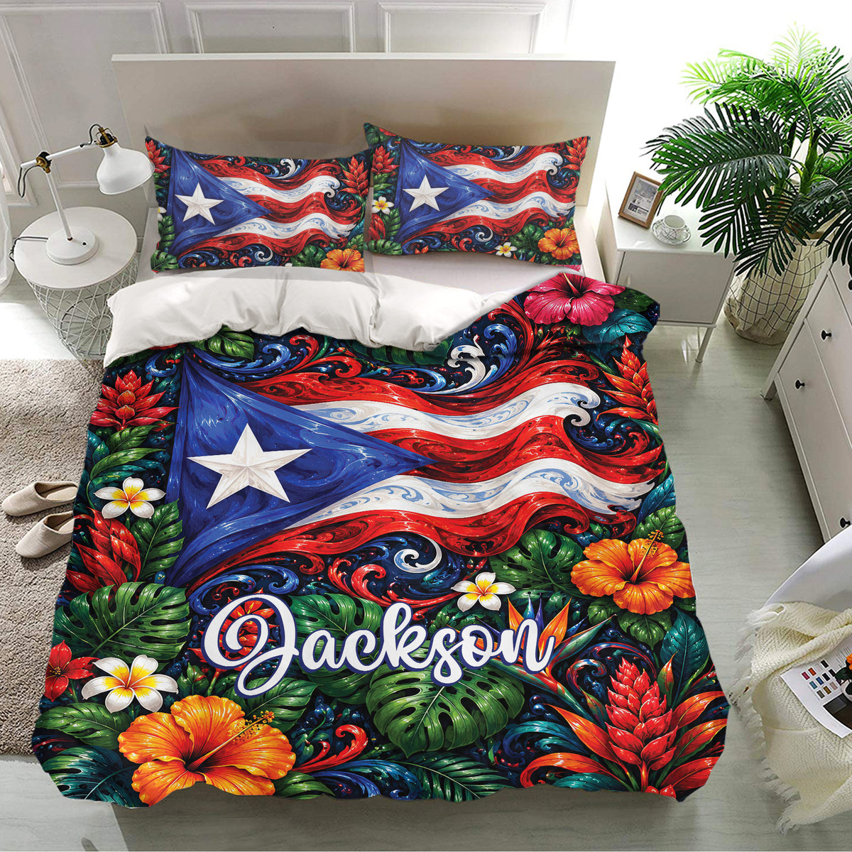 Puerto Rico bedding set in a modern bedroom featuring vibrant tropical foliage, hibiscus flowers, and red, white, and blue artwork