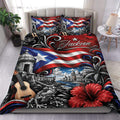 Puerto Rico duvet cover set featuring flag colors, coastal architecture, palm trees, guitar, frog, and hibiscus