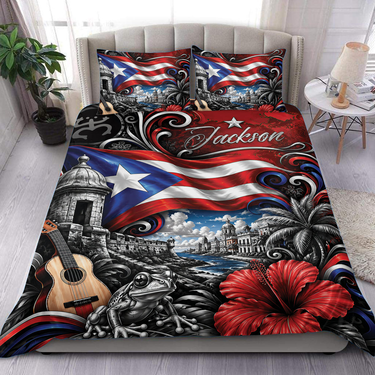 Puerto Rico duvet cover set featuring flag colors, coastal architecture, palm trees, guitar, frog, and hibiscus