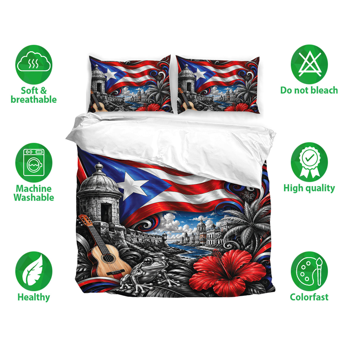 Puerto Rico bedding set displayed with matching pillowcases and colorful island flag artwork