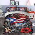 Puerto Rico bedding set styled in a bedroom with bold red, blue, black, and white island artwork