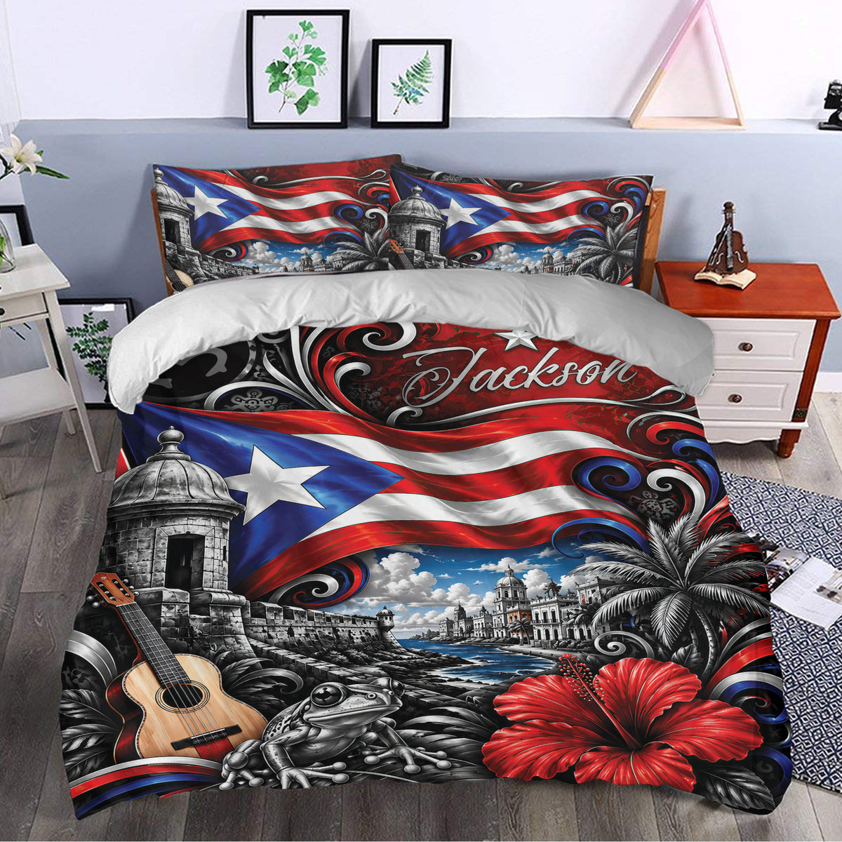 Puerto Rico bedding set styled in a bedroom with bold red, blue, black, and white island artwork